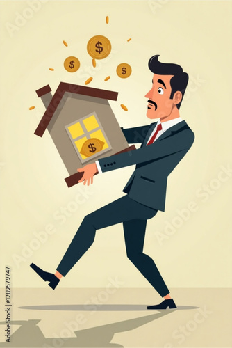 Businessman Shielding from Falling House and Coins in Real Estate Crisis