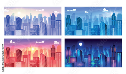 Daytime cityscape. City skyscraper buildings silhouette in different time, night day morning town afternoon neighborhood sunrise sunset urban background, swanky vector illustration