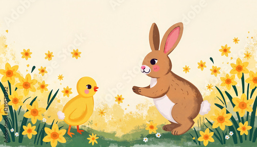 Playful bunny and chick frolic in daffodils, joy of springtime