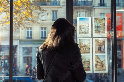 Woman looking at real estate listings in a city window during autumn with warm sunlight reflections