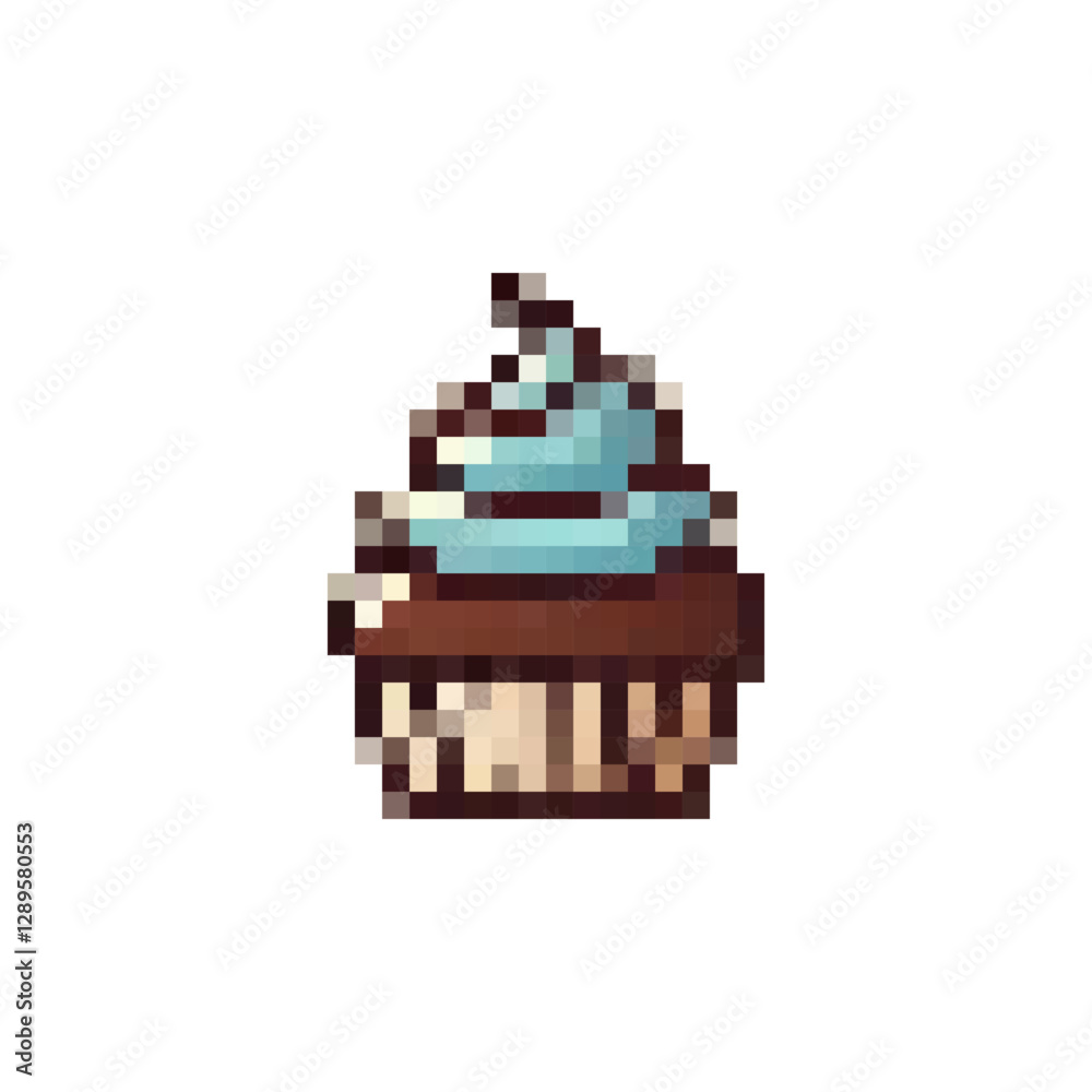 Fototapeta premium Pixel cupcake icon. Sweet pastries in pixel style of the 80s, 90s. Pixel cake for games, websites, animations. 8bit muffin icon. Vector sponge cake icon. Vintage cakes.