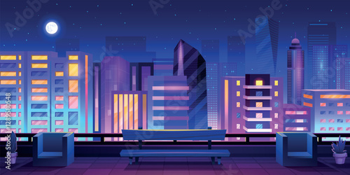 Night city roof. Rooftop futuristic neon urban panoramic landscape, balcony terrace skyscraper cyber building architecture, nightly megalopolis cityscape swanky vector illustration