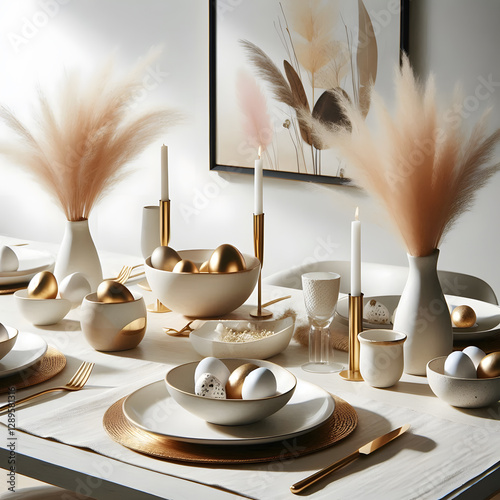 Elegant Easter table setting with gold eggs and pampas grass, a minimalist and sophisticated design photo