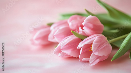 A close-up view of a beautiful bunch of pink tulips arranged on a soft pink background, symbolizing spring, romance, and fresh beginnings, evoking a sense of tenderness and beauty.