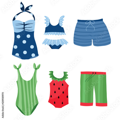 Vector set of colorful and bright swimwear for the whole family: mom, dad, and children, boys and girls