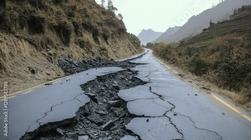 Damaged asphalt road with potholes and cracks after landslide photo