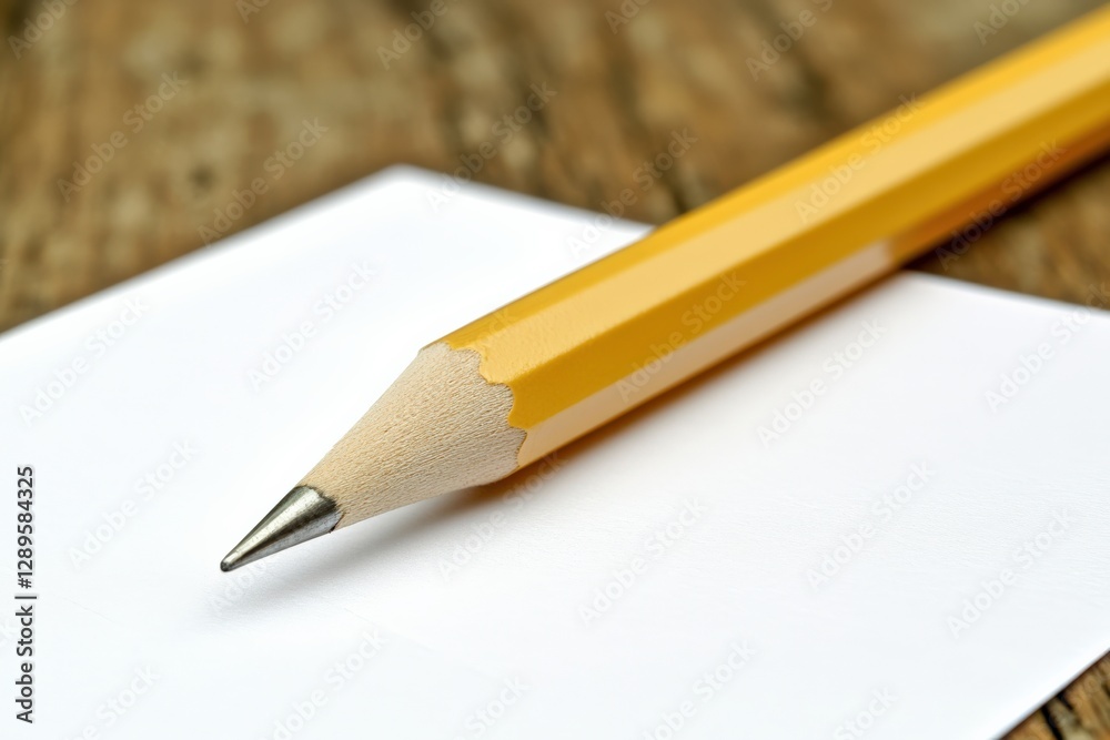 Close-up of a sharpened yellow pencil resting on a clean white sheet of paper, symbolizing creativity and the act of writing in a cozy wooden environment. Close-up of a sharpened yellow pencil resting on a clean white sheet of paper, symbolizing creativity and the act of writing in a cozy wooden environment.