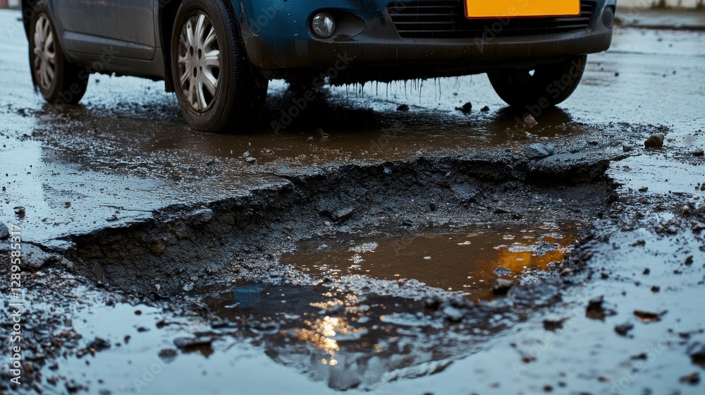 Fototapeta premium Car driving on damaged road with potholes filled with water