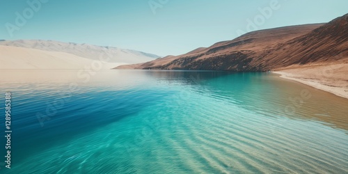 Orilla de una laguna en el desierto, desierto inundado, aguas turquesas y arena del desierto