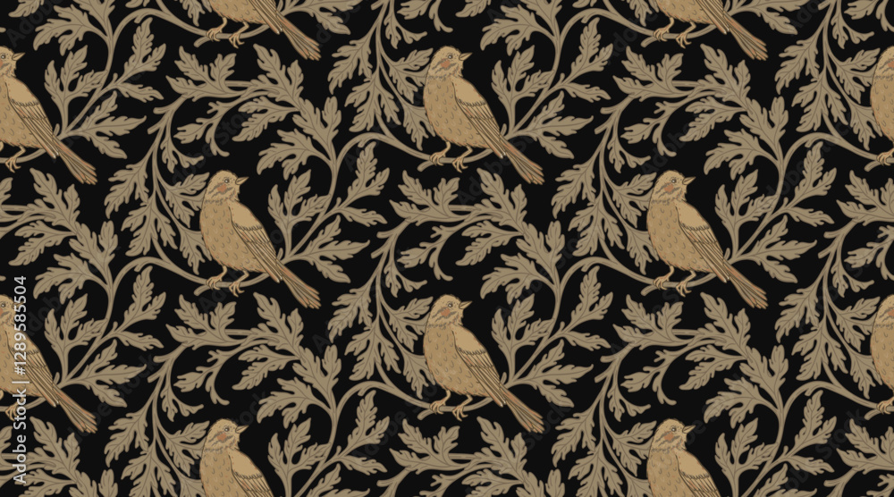 Naklejka premium Vintage style seamless pattern with Floral wreath and birds for retro wallpapers. Enchanted Vintage Flowers. Arts and Crafts movement inspired. Design for wrapping paper, wallpaper, fabrics and