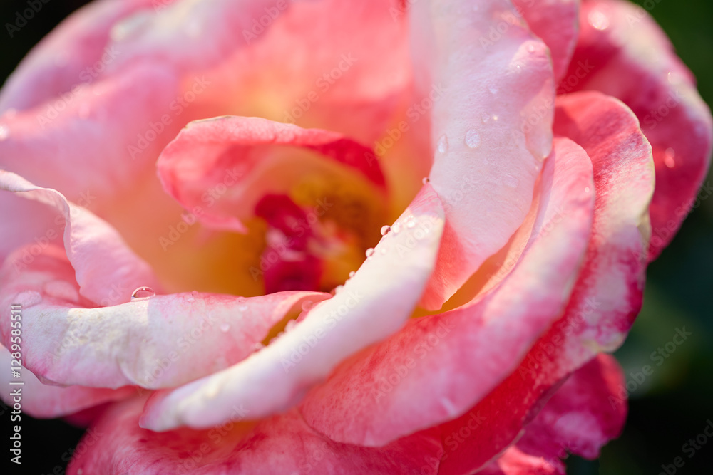 A close-up view of a pink rose displaying intricate petals adorned with droplets of water, illuminated by sunlight in the morning.