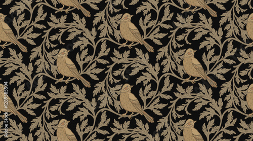 Vintage style seamless pattern with Floral wreath and birds for retro wallpapers. Enchanted Vintage Flowers. Arts and Crafts movement inspired. Design for wrapping paper, wallpaper, fabrics and