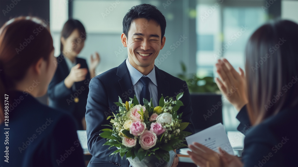 職場での送別会、花束と感謝を伝える温かいひととき 職場での送別会、花束と感謝を伝える温かいひととき
