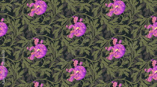 Floral vintage seamless pattern for retro wallpapers. Enchanted Vintage Flowers. Arts and Crafts movement inspired. Design for wrapping paper, wallpaper, fabrics and fashion clothes.