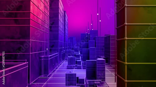 An endless dark city of high-rise buildings and skyscrapers in a retro '80s video game style.

