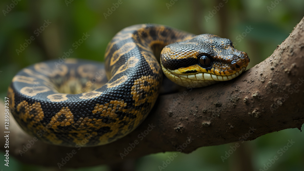 Coiled python resting on a branch. Ultra realistic snake photography. Beautiful nature images of pythons. Captivating wildlife portraits of snakes. Coiled python resting on a branch. Ultra realistic snake photography. Beautiful nature images of pythons. Captivating wildlife portraits of snakes.