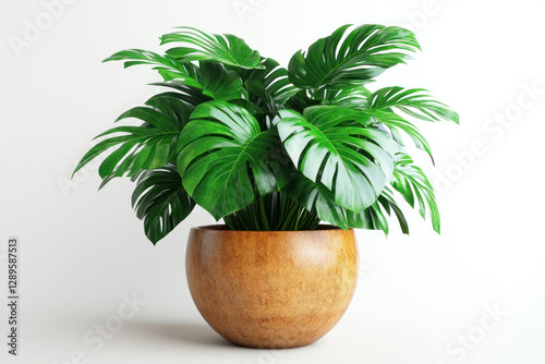 stylish houseplant - monstera, placed in a round wooden flowerpot.   photo