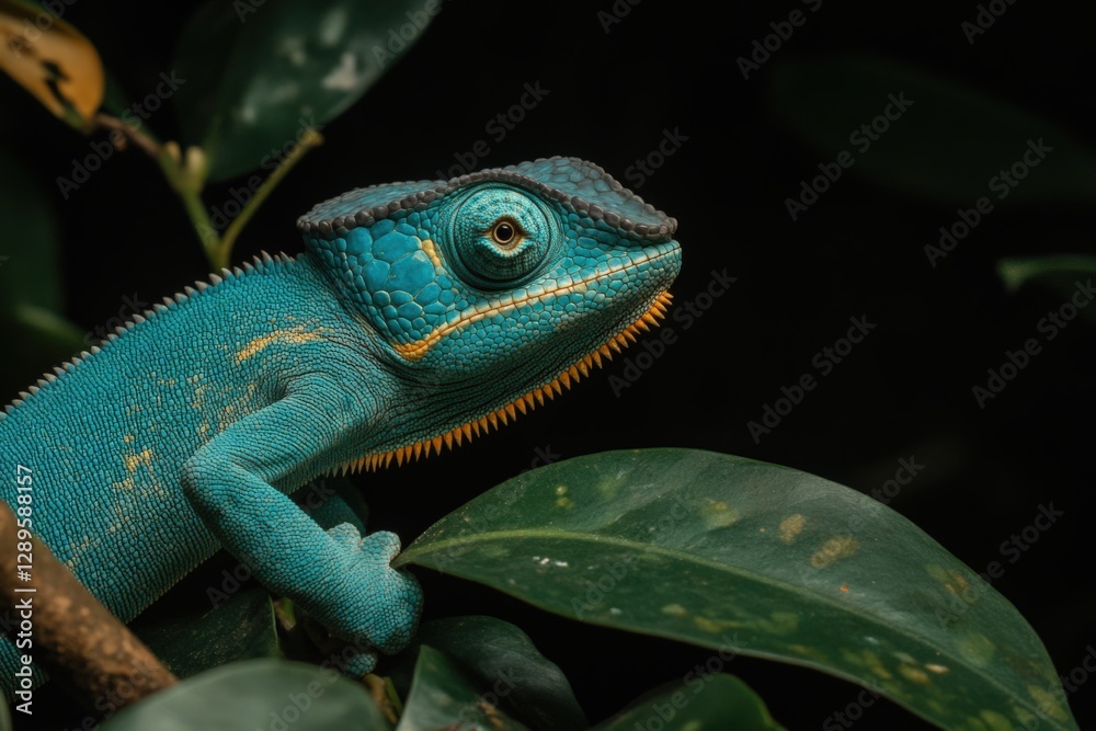 Fototapeta premium A Vibrant Male Blue Chameleon Clinging to a Leafy Branch in a Dense Tropical Rainforest Environment