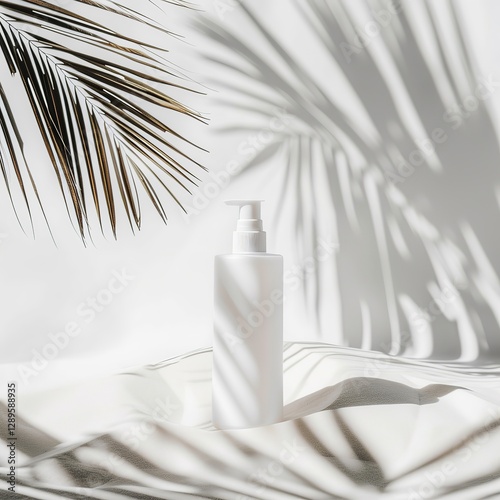 Cosmetic bottle mockup on white background with palm leaf shadow, Ai generated
