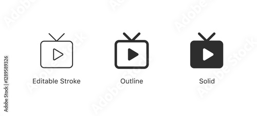 watch, play video icon symbol. live streaming icon tv sign. editable stroke, outline flat style