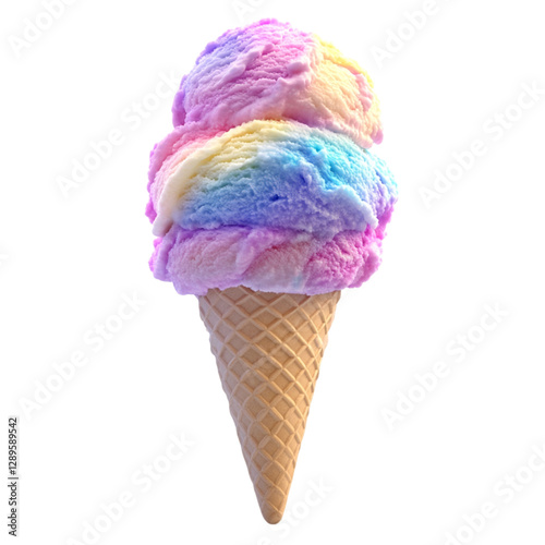 Fluffy 3D Cartoon Rainbow Ice Cream Cone Isolated on Transparent Background