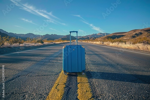 Luggage on the road in the middle of the desert with blue sky, Ai Generated