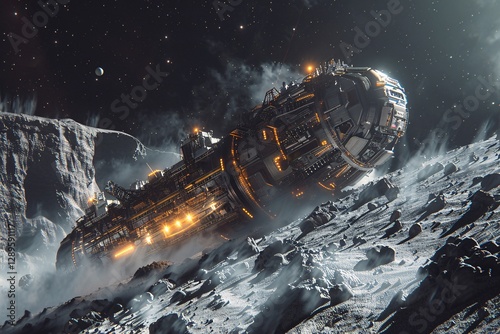 A large spaceship lies partially embedded in rocky terrain on a distant moon, surrounded by swirling dust and illuminated by distant stars. The scene captures a moment of chaos and intrigue