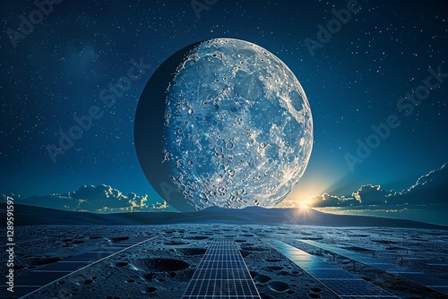 The scene depicts a surreal lunar landscape with numerous solar panels scattered across the surface
