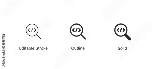find code icon with magnifying glass search icon and coding symbol. editable stroke, outline flat style