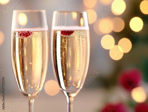 two glasses of champagne with raspberries for celebration.