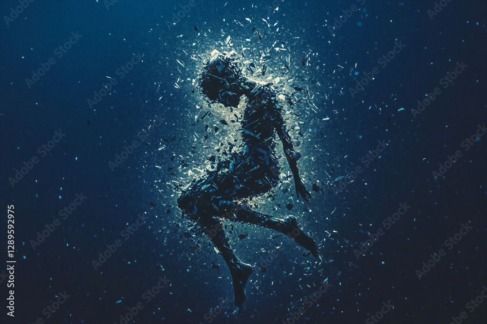 Shattered Human Silhouette Dissolving into a Dark Abyss Shattered Human Silhouette Dissolving into a Dark Abyss