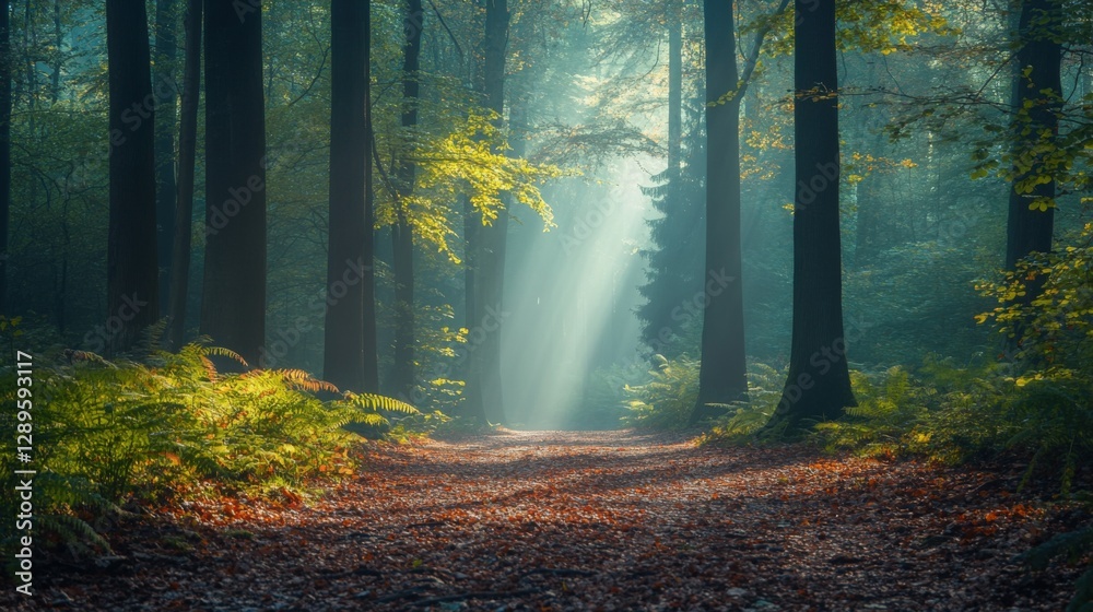 Obraz premium Serene Forest Path with Sunlight Filtering Through Trees