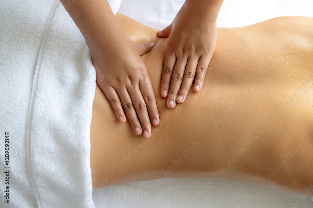 Closeup woman customer enjoying relaxing anti-stress spa massage and pampering with beauty skin recreation leisure in day light ambient salon spa at luxury resort or hotel. Quiescent Closeup woman customer enjoying relaxing anti-stress spa massage and pampering with beauty skin recreation leisure in day light ambient salon spa at luxury resort or hotel. Quiescent