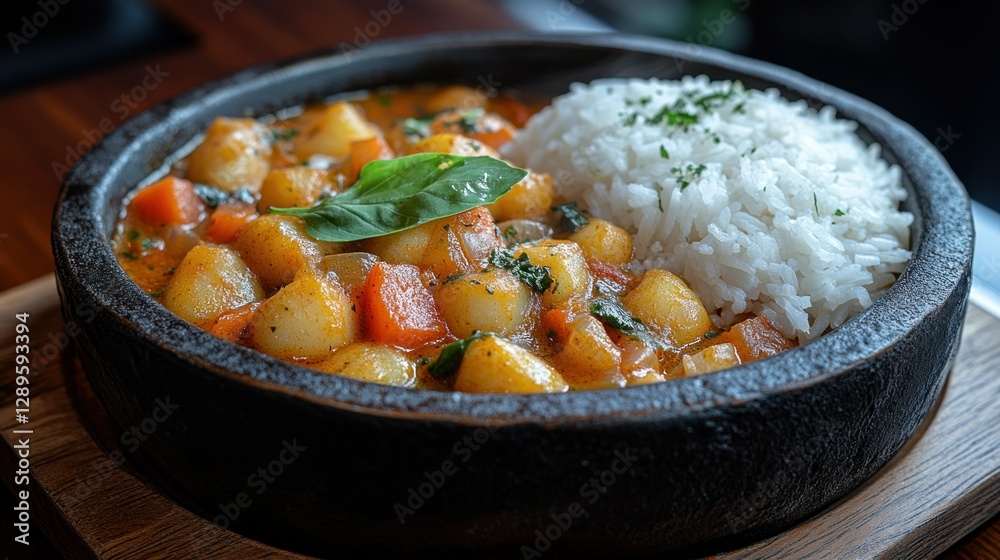 Restaurant curry dish, rice, vegetables, close-up, wooden table, food photography Restaurant curry dish, rice, vegetables, close-up, wooden table, food photography