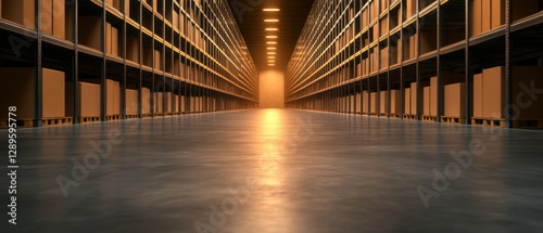Warehouse interior with rows of shelves and boxes.