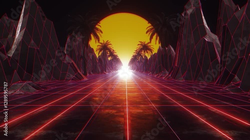 An '80s retro background featuring polygonal mountains, palm trees and a reflective road surface leading to a sunset in a seamless loop.

