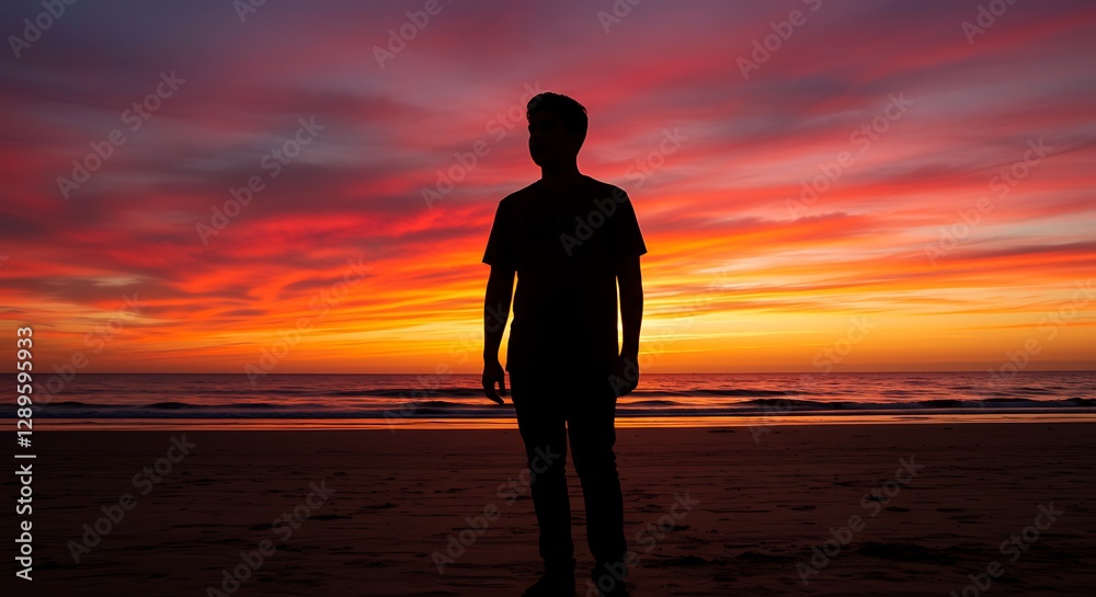 Person Silhouette Standing on Sandy Beach Watching Dramatic Ocean Sunset