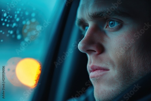 Man Looking out Rainy Car Window