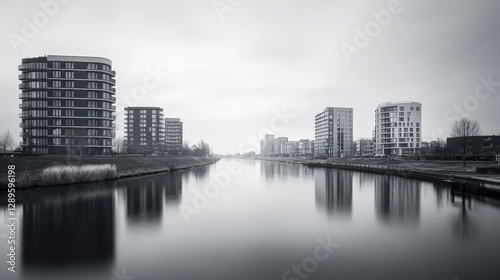 A Dutch cityscape with buildings specifically designed in the Netherlands style. The photo was taken in black and white and shows the river Roer.