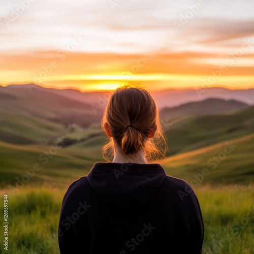 Woman enjoying a beautiful Sunset Landscape