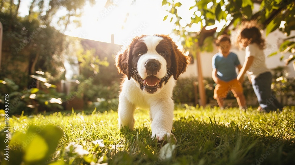 Saint Bernard puppy playing with children in a sunny backyard