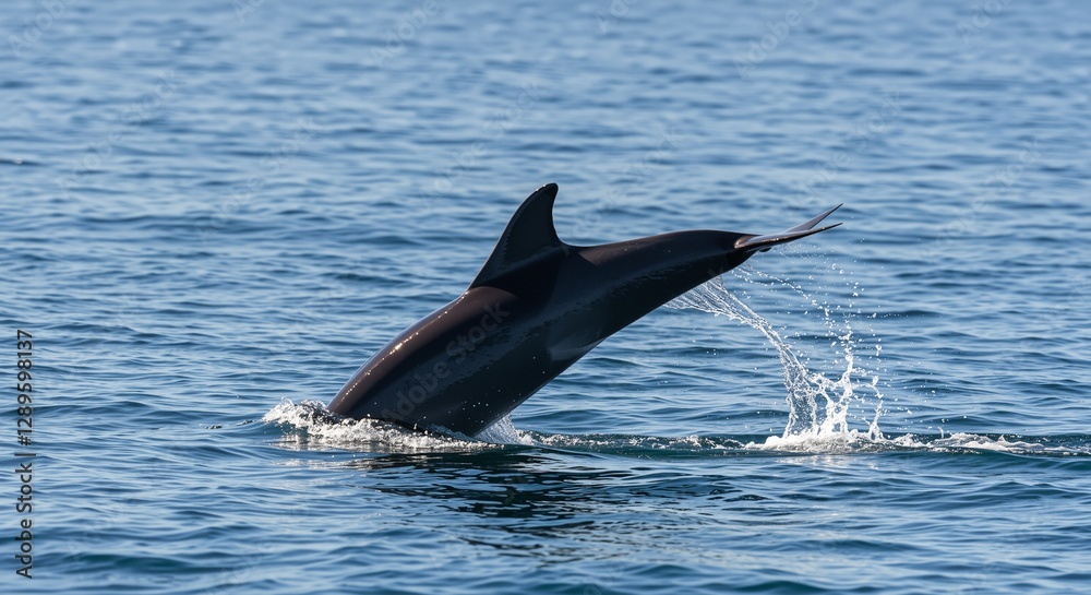 Fototapeta premium Jumping dolphin breaching the water surface showcasing playful energy under the bright sunlight