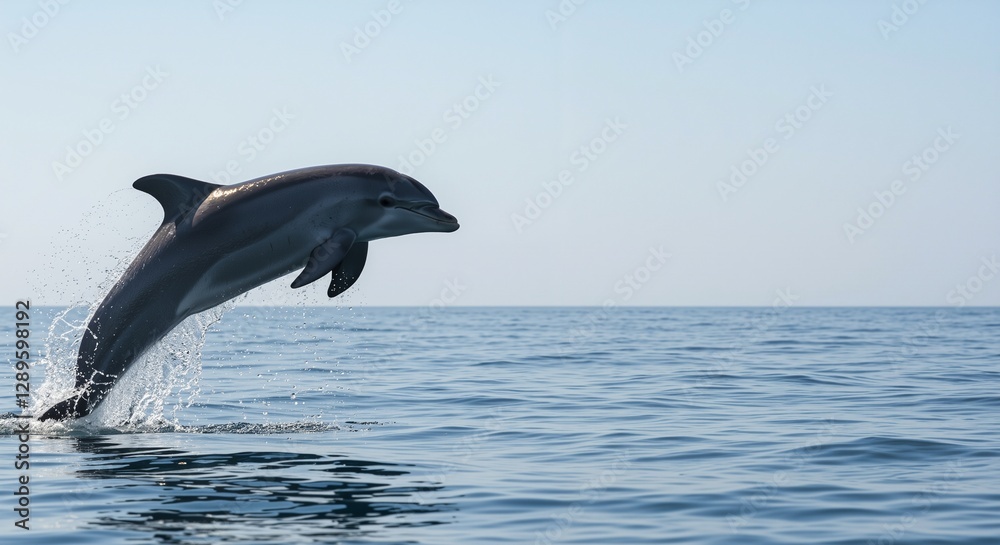 Obraz premium Dolphin jumping joyfully above the calm ocean surface in a clear sky