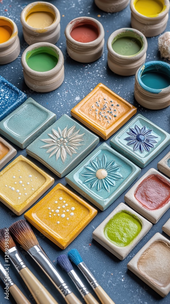 Naklejka premium Flat-lay of colorful ceramic tiles with intricate handmade glaze patterns