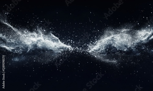 Abstract shimmering particles in shades of silver and white scattered on a dark navy background illuminated by soft light creating a magical cosmic aesthetic