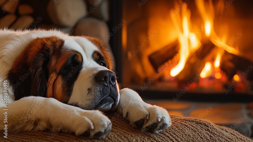 Saint Bernard dog lounging by a fireplace in a cozy cabin