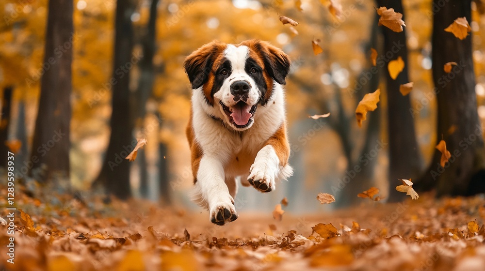 Saint Bernard dog running through an autumn forest with colorful leaves