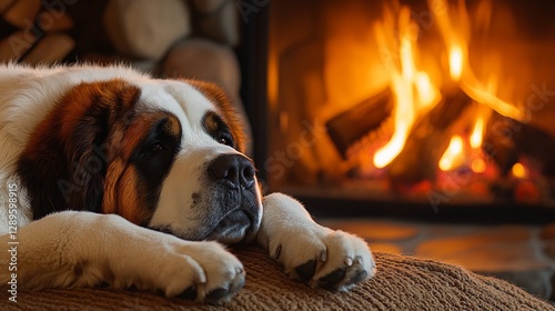 Obraz na płótnie Saint Bernard dog lounging by a fireplace in a cozy cabin w salonie