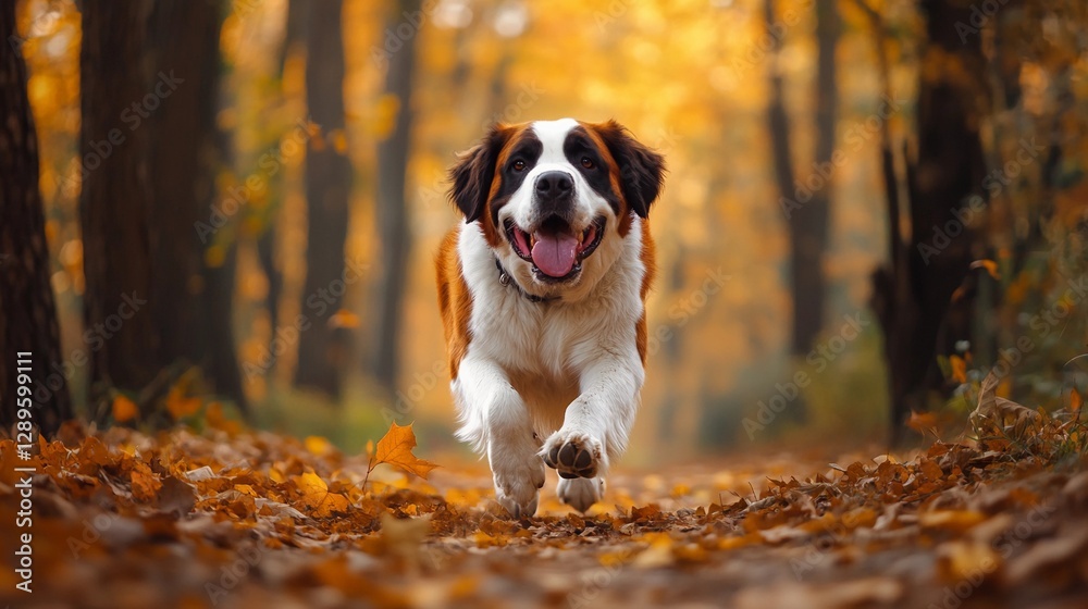 Saint Bernard dog running through an autumn forest with colorful leaves