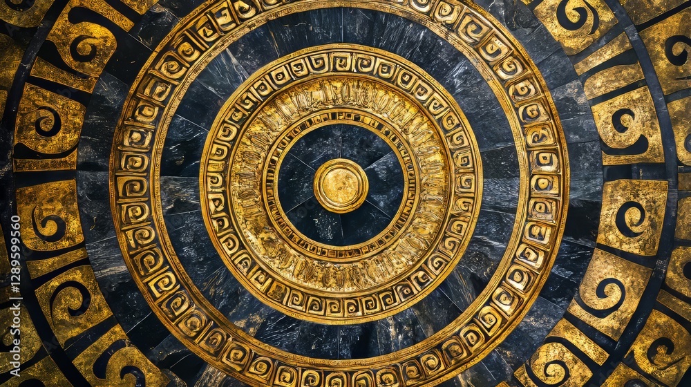 Fototapeta premium An intricate gold and black Greek ornament encircles an image of Ancient Greece and Rome. Byzantine art decorates the walls, floors, and ceilings of European palaces.